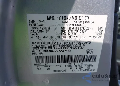 2012 Ford Escape Xlt from USA, damaged, VIN 1FMCU9D72CKA87143